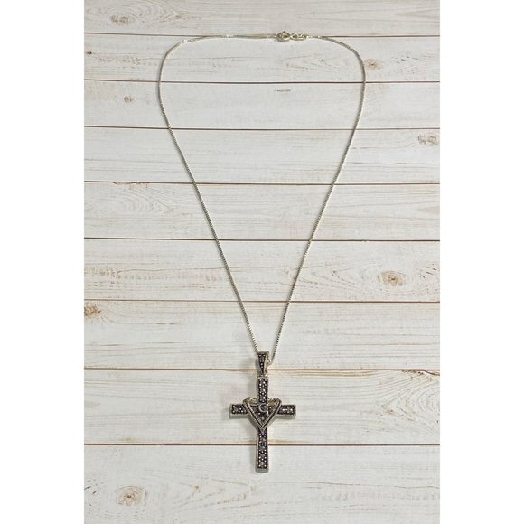 CW Art Deco 925 Marcasite Cross Pendant Chain Link Necklace - Picture 2 of 7